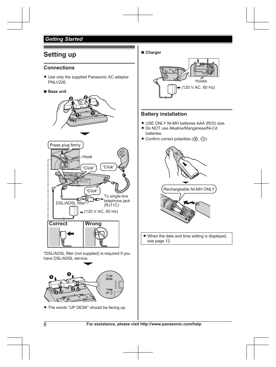 Getting started, Setting up | Panasonic KXTG6672 User Manual | Page 8 / 56