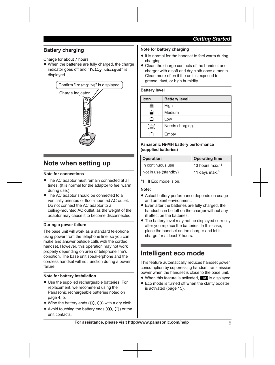 Note when setting up, Intelligent eco mode, Note when setting up intelligent eco mode | Panasonic KXTG6672 User Manual | Page 9 / 56