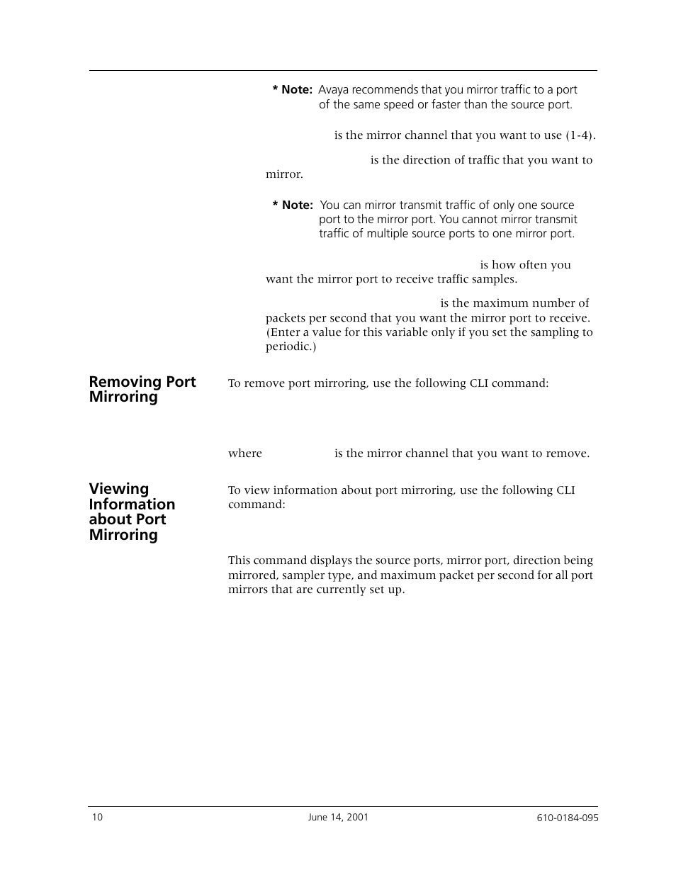 Removing port mirroring, Viewing information about port mirroring | Avaya P880 User Manual | Page 10 / 43