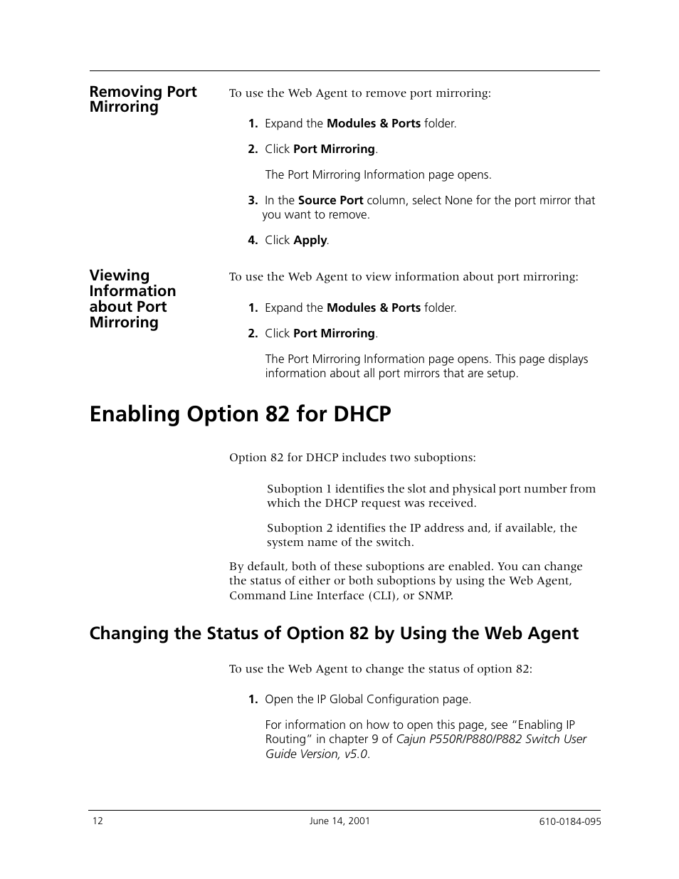 Enabling option 82 for dhcp, Enabling, Option 82 for dhcp | Removing port mirroring, Viewing information about port mirroring | Avaya P880 User Manual | Page 12 / 43