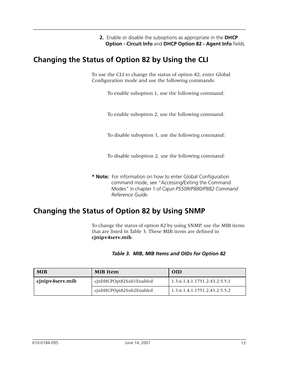 Changing the status of option 82 by using the cli, Changing the status of option 82 by using snmp | Avaya P880 User Manual | Page 13 / 43