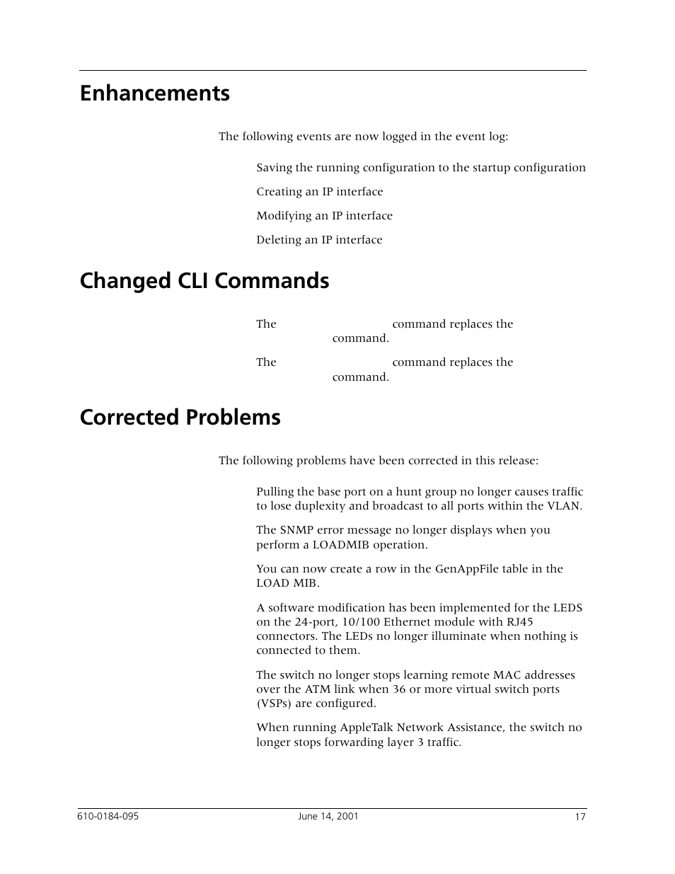 Enhancements, Changed cli commands, Corrected problems | Avaya P880 User Manual | Page 17 / 43