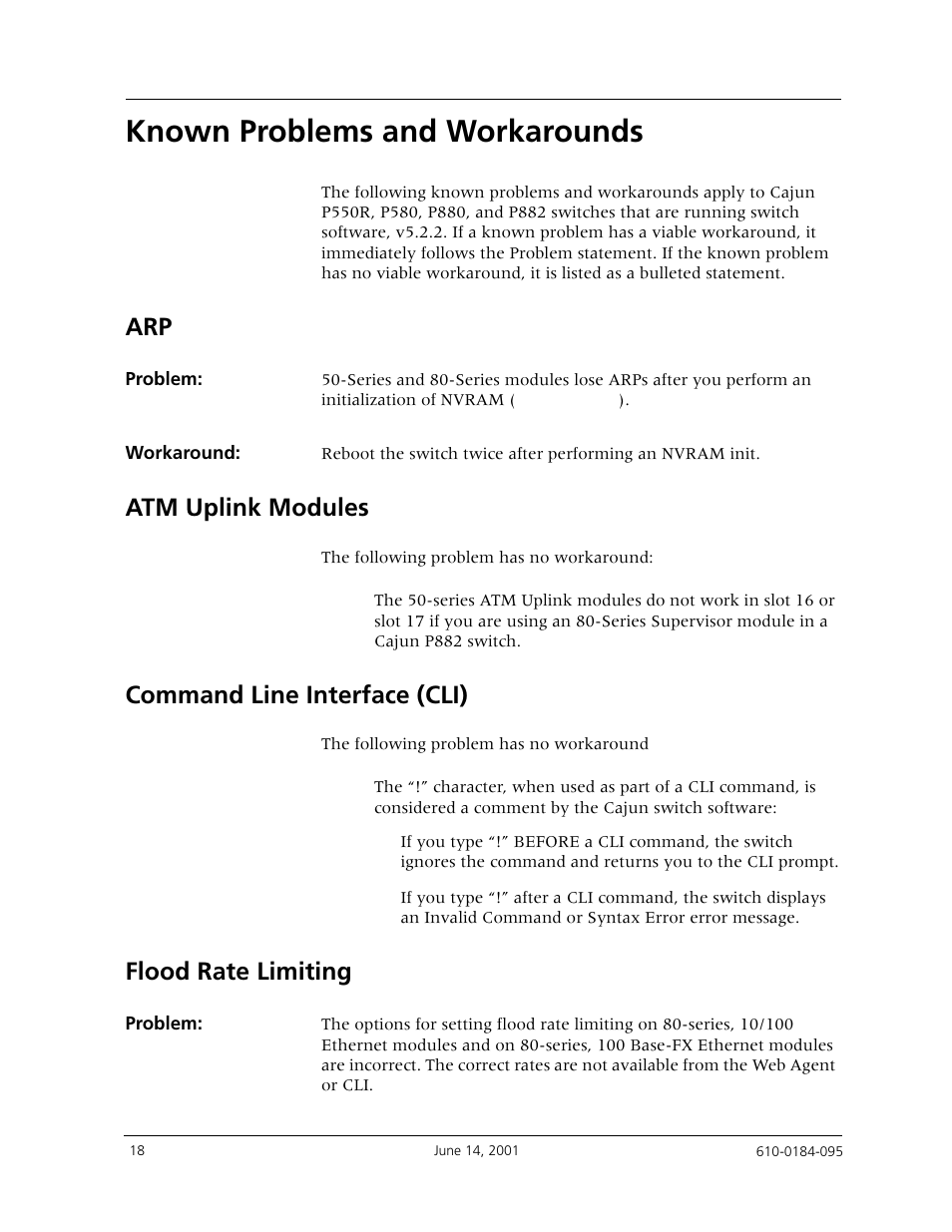 Known problems and workarounds, Atm uplink modules, Command line interface (cli) | Flood rate limiting | Avaya P880 User Manual | Page 18 / 43