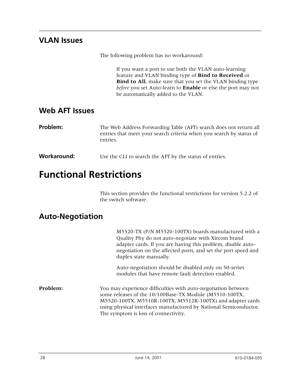 Vlan issues, Web aft issues, Functional restrictions | Auto-negotiation | Avaya P880 User Manual | Page 28 / 43