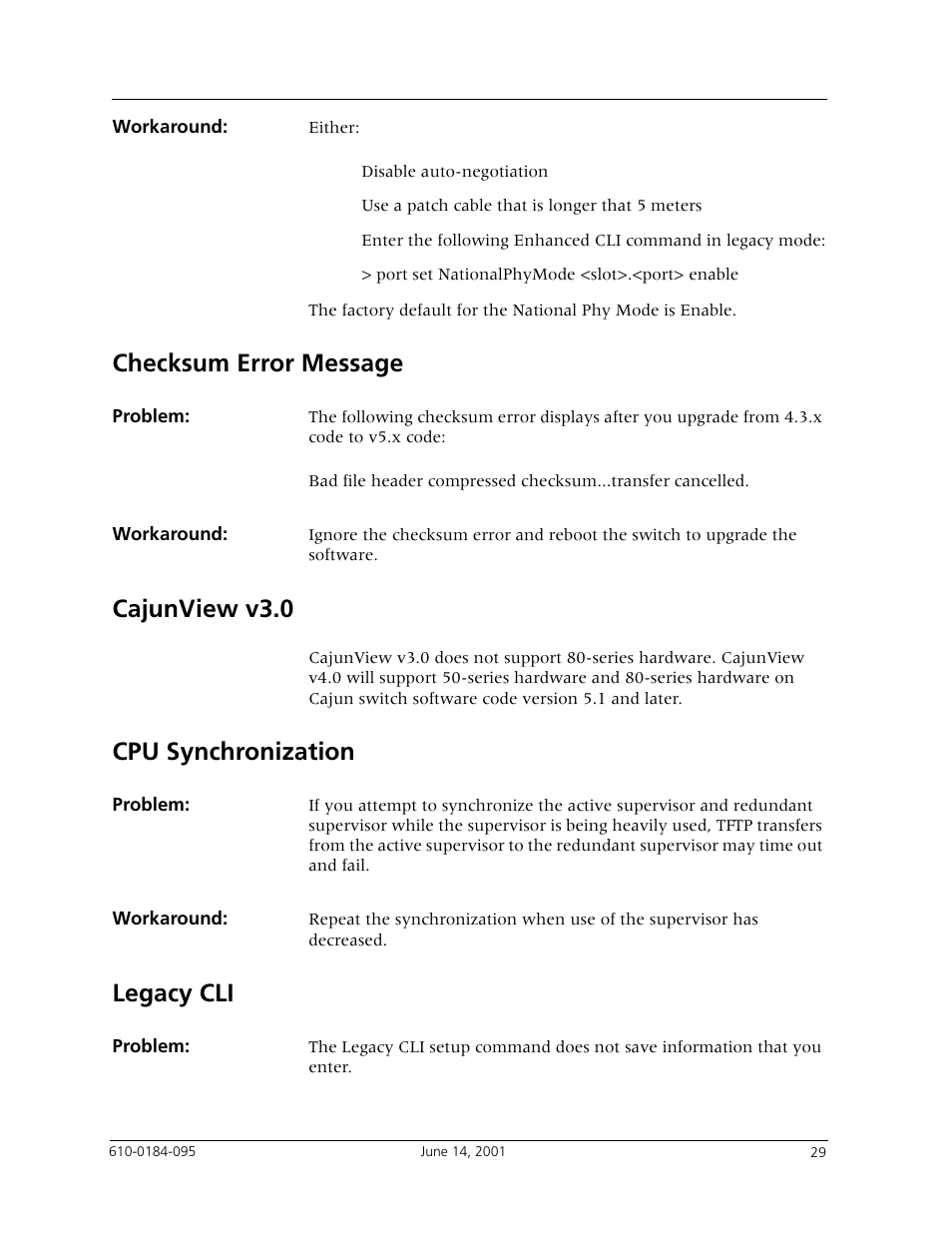 Checksum error message, Cajunview v3.0, Cpu synchronization | Legacy cli | Avaya P880 User Manual | Page 29 / 43