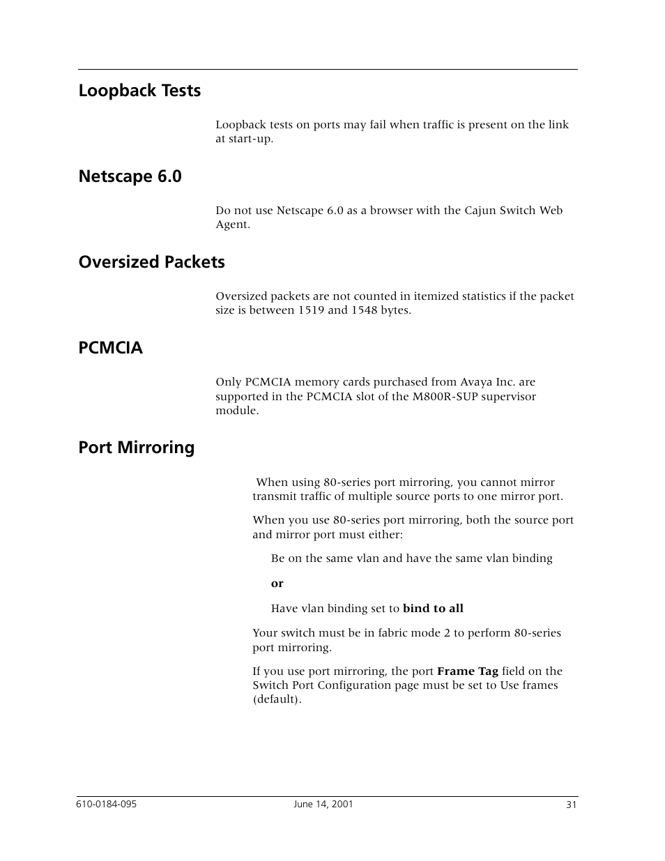 Loopback tests, Netscape 6.0, Oversized packets | Pcmcia, Port mirroring | Avaya P880 User Manual | Page 31 / 43