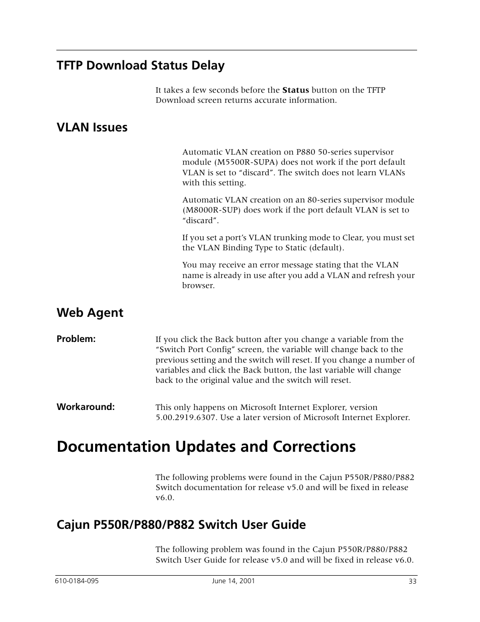Tftp download status delay, Vlan issues, Web agent | Documentation updates and corrections, Cajun p550r/p880/p882 switch user guide | Avaya P880 User Manual | Page 33 / 43