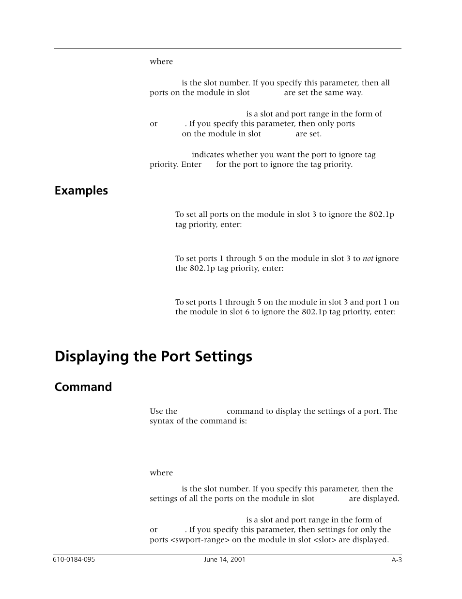 Examples, Displaying the port settings, Command | Avaya P880 User Manual | Page 37 / 43