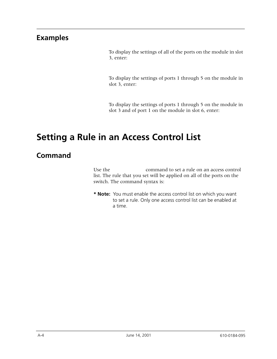 Examples, Setting a rule in an access control list, Command | Avaya P880 User Manual | Page 38 / 43