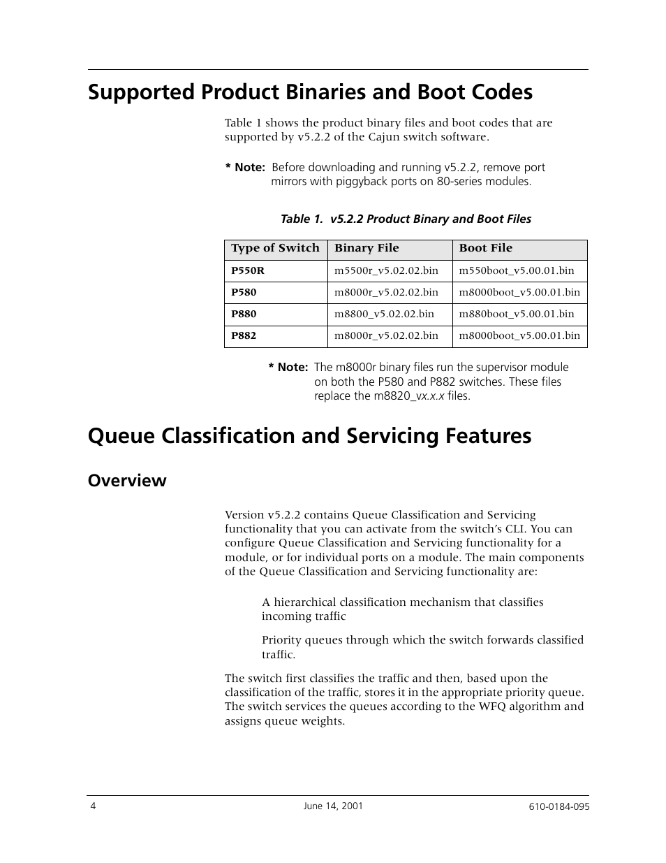 Supported product binaries and boot codes, Queue classification and servicing features, Overview | Plemented in v5.2.2, see, Queue, Classification and servicing features | Avaya P880 User Manual | Page 4 / 43