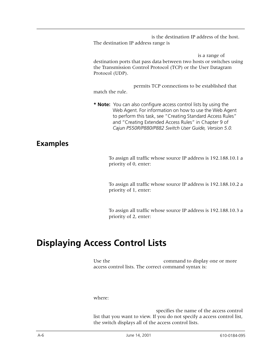 Examples, Displaying access control lists | Avaya P880 User Manual | Page 40 / 43