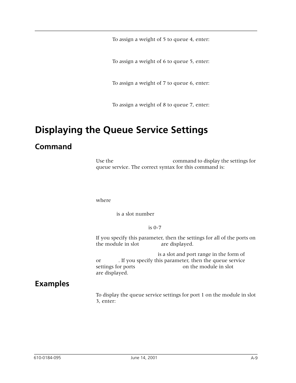 Displaying the queue service settings, Command, Examples | Avaya P880 User Manual | Page 43 / 43