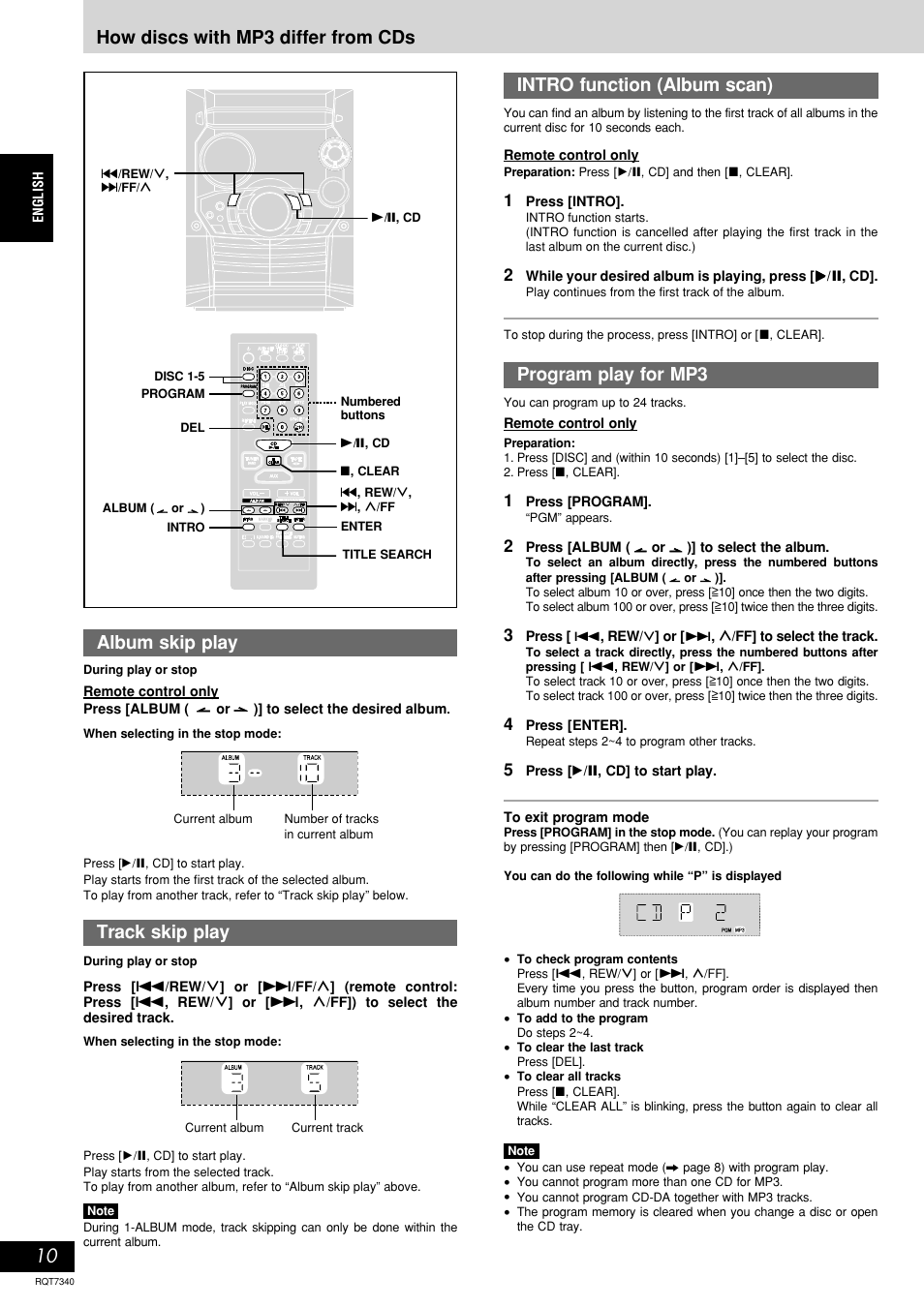 Album skip play, Track skip play, Program play for mp3 | Panasonic SCAK321 User Manual | Page 10 / 40