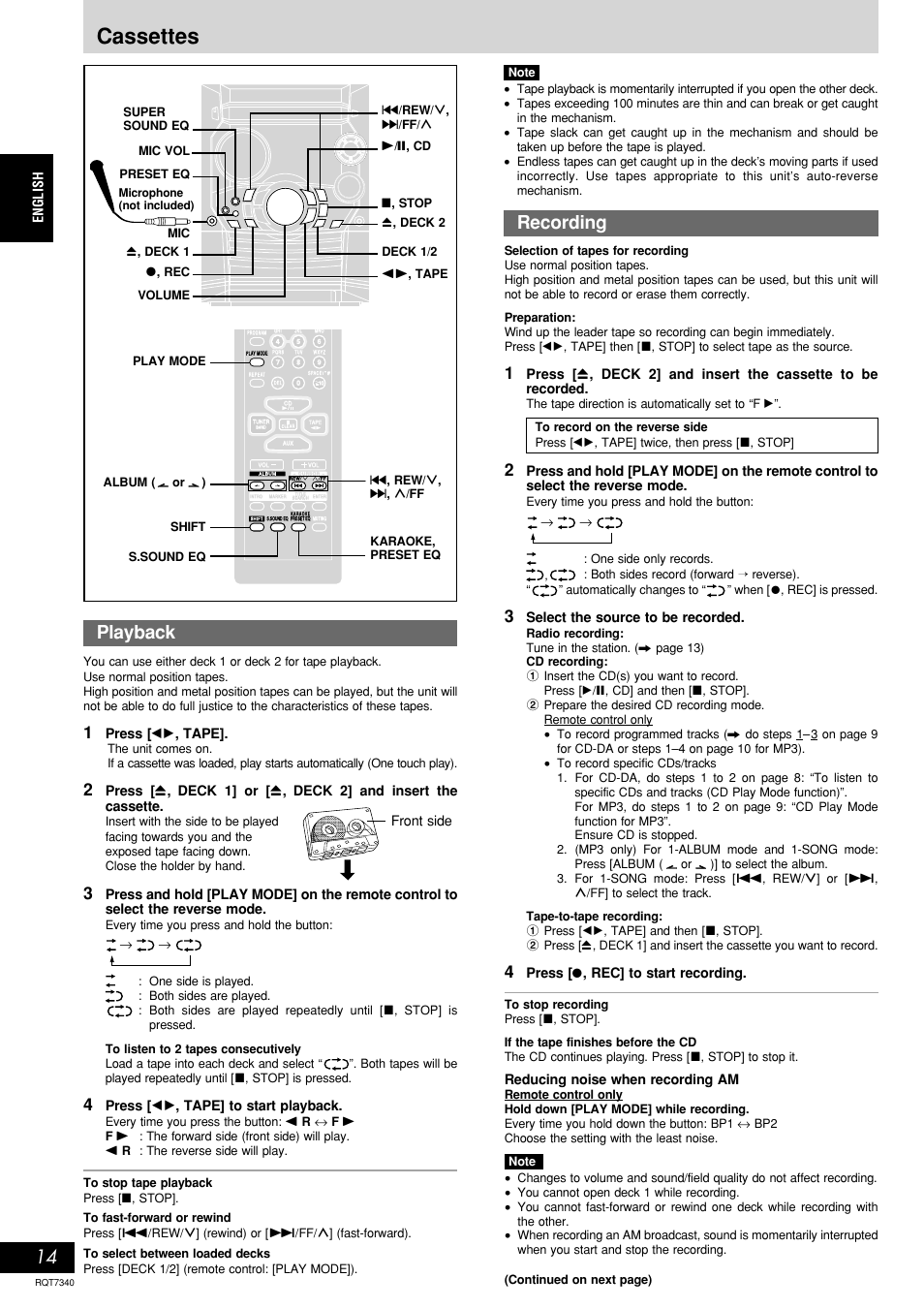 Cassettes, Playback recording, English | Press [ ;: , tape, Press [ ; : , tape] to start playback, Select the source to be recorded, Press [ a , rec] to start recording, Reducing noise when recording am, Front side | Panasonic SCAK321 User Manual | Page 14 / 40