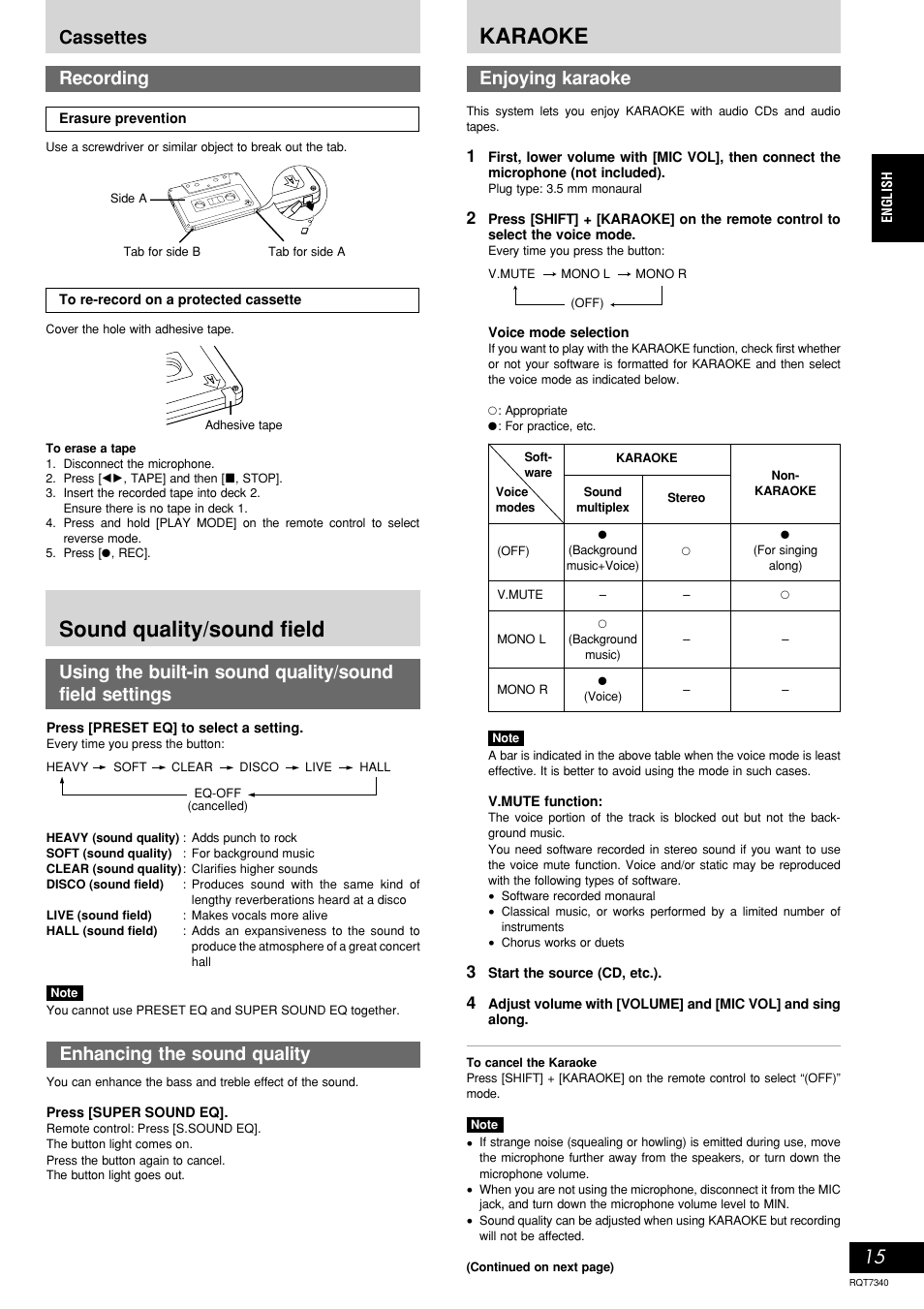 Sound quality/sound field, Karaoke, Cassettes | Enhancing the sound quality, Recording | Panasonic SCAK321 User Manual | Page 15 / 40