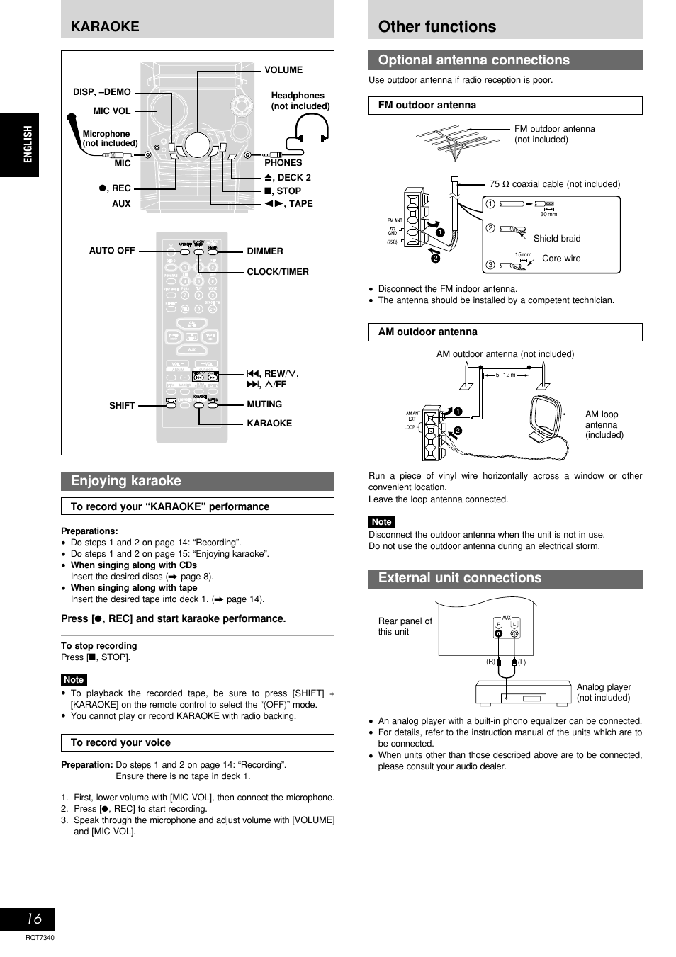 Other functions, Optional antenna connections, External unit connections | Karaoke, Enjoying karaoke | Panasonic SCAK321 User Manual | Page 16 / 40