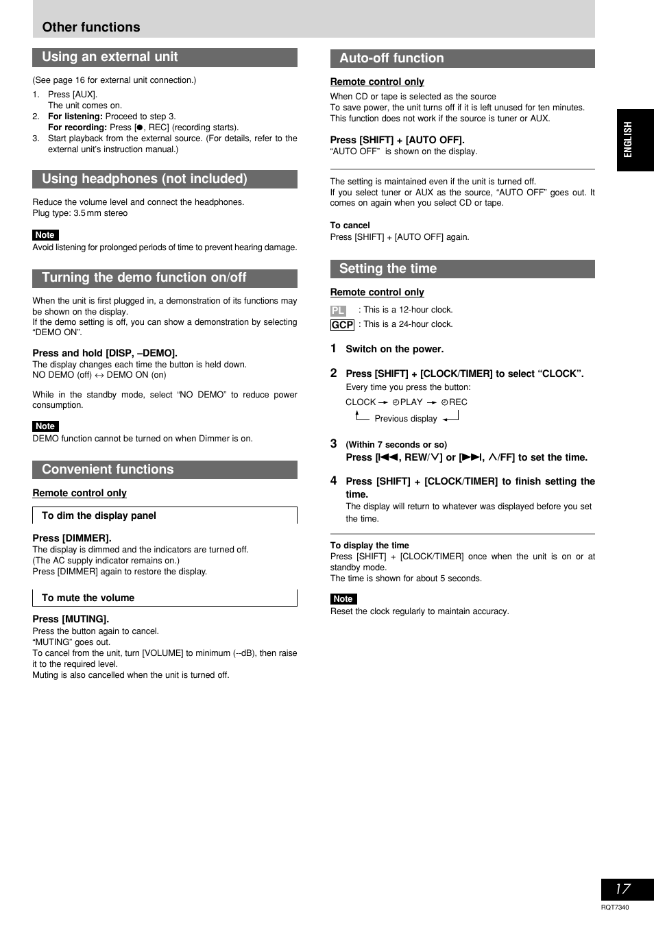 Other functions, Convenient functions, Auto-off function setting the time | Turning the demo function on/off, Using an external unit, Using headphones (not included) | Panasonic SCAK321 User Manual | Page 17 / 40
