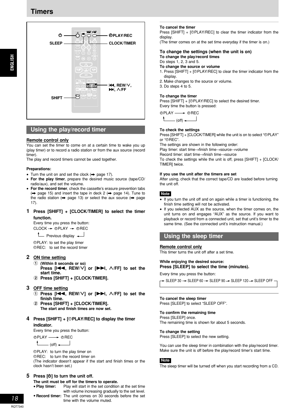 Timers, Using the sleep timer, Using the play/record timer | Panasonic SCAK321 User Manual | Page 18 / 40