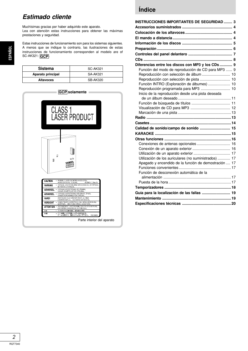 Estimado cliente, Índice | Panasonic SCAK321 User Manual | Page 22 / 40