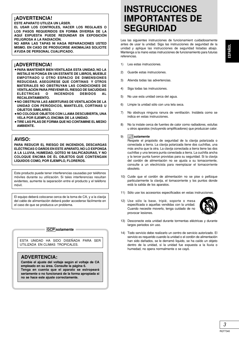 Instrucciones importantes de seguridad, Advertencia, Aviso | Panasonic SCAK321 User Manual | Page 23 / 40