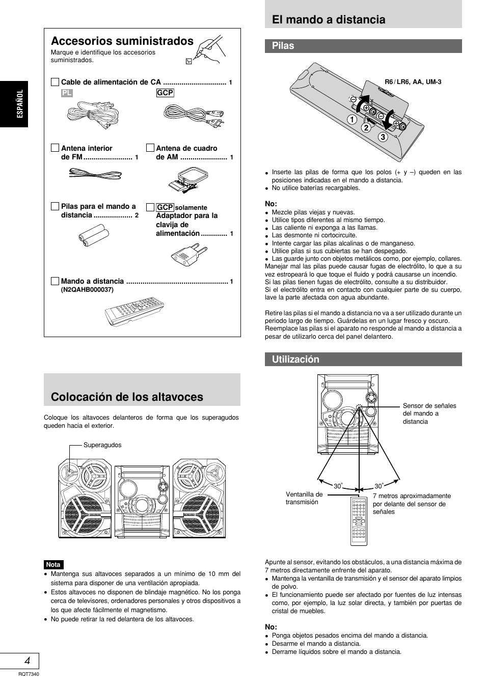 El mando a distancia, Colocación de los altavoces, Accesorios suministrados | 4pilas, Utilización | Panasonic SCAK321 User Manual | Page 24 / 40