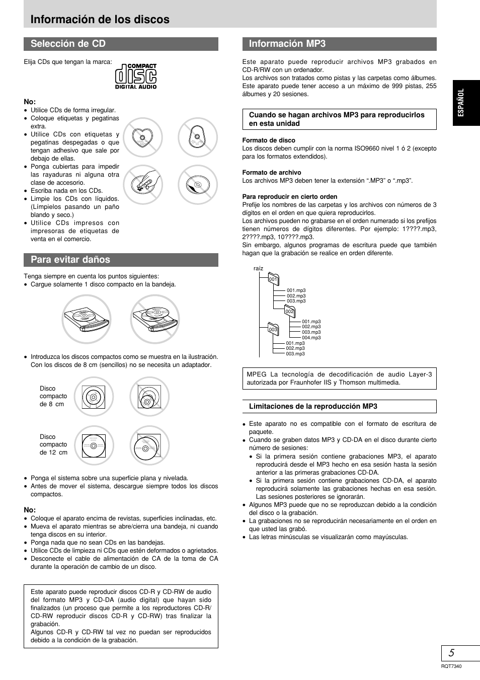 Información de los discos, Selección de cd para evitar daños información mp3 | Panasonic SCAK321 User Manual | Page 25 / 40