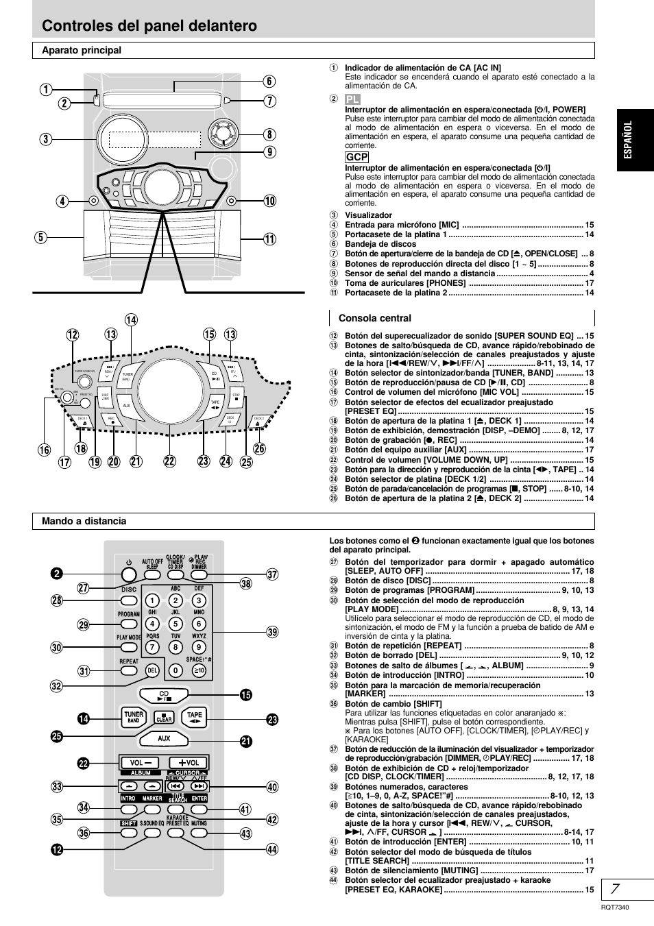 Controles del panel delantero, Español | Panasonic SCAK321 User Manual | Page 27 / 40