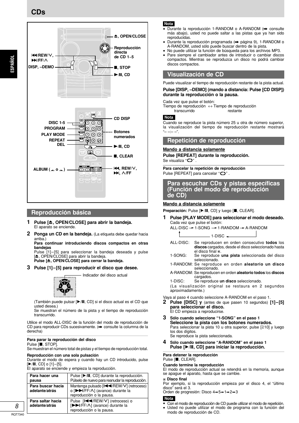 Reproducción básica, Visualización de cd, Repetición de reproducción | Panasonic SCAK321 User Manual | Page 28 / 40