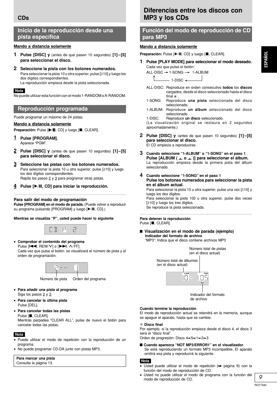 Diferencias entre los discos con mp3 y los cds, Reproducción programada, Función del modo de reproducción de cd para mp3 | Panasonic SCAK321 User Manual | Page 29 / 40