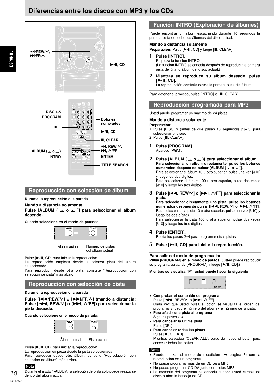 Diferencias entre los discos con mp3 y los cds, Función intro (exploración de álbumes), Reproducción programada para mp3 | Reproducción con selección de álbum, Reproducción con selección de pista | Panasonic SCAK321 User Manual | Page 30 / 40