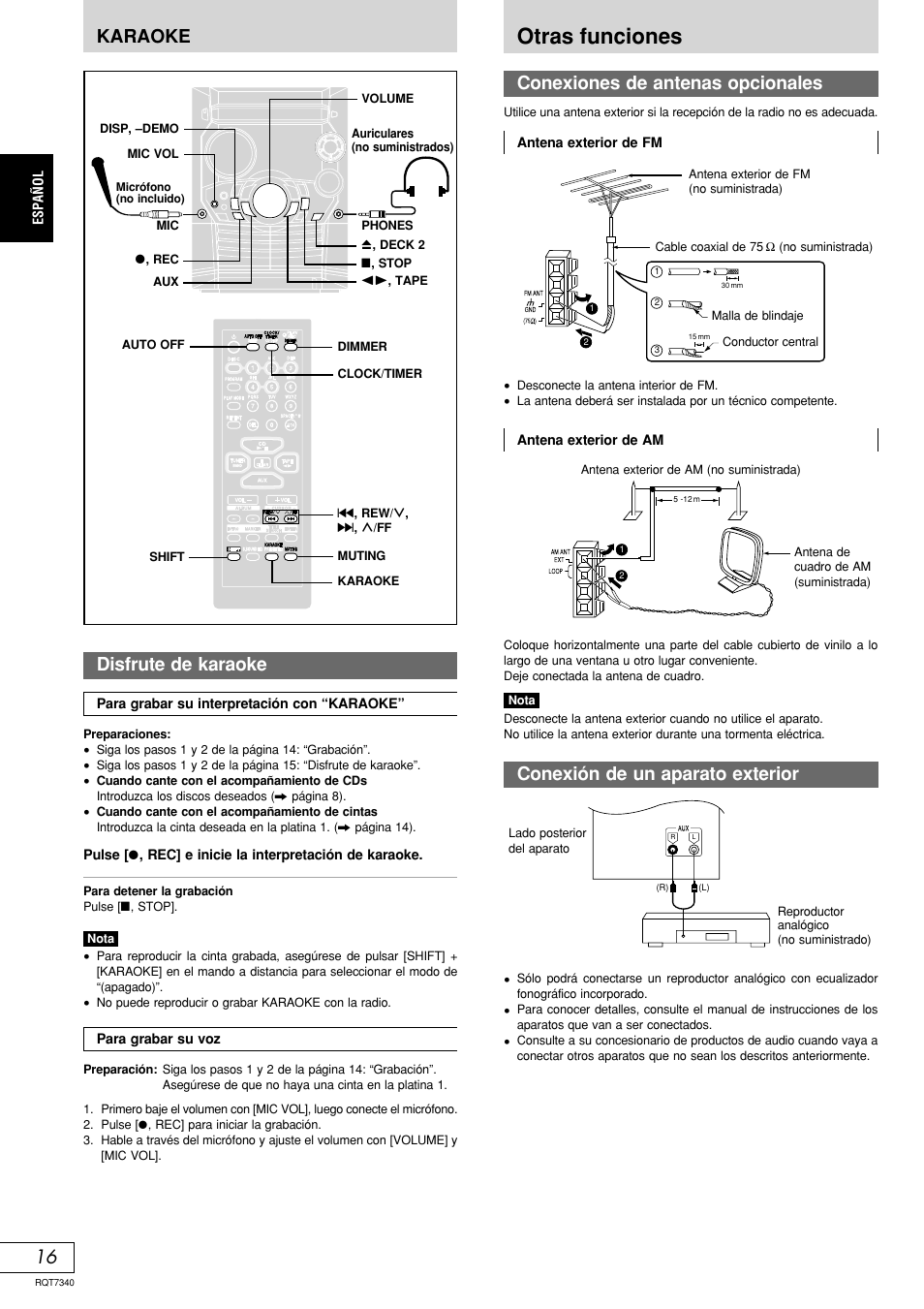 Otras funciones, 16 karaoke disfrute de karaoke, Conexiones de antenas opcionales | Conexión de un aparato exterior | Panasonic SCAK321 User Manual | Page 36 / 40
