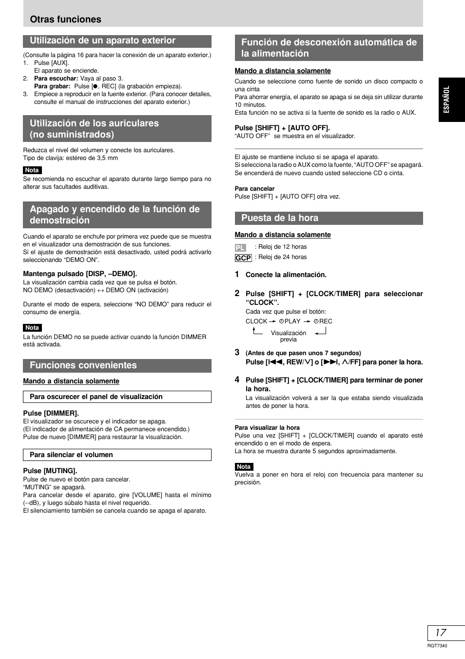 17 otras funciones funciones convenientes, Puesta de la hora, Utilización de los auriculares (no suministrados) | Apagado y encendido de la función de demostración | Panasonic SCAK321 User Manual | Page 37 / 40