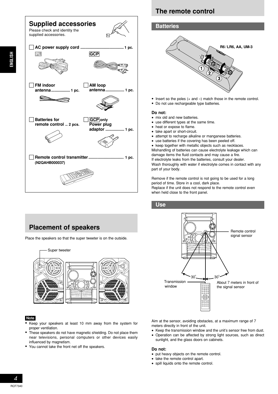 The remote control, Placement of speakers, Supplied accessories | Batteries | Panasonic SCAK321 User Manual | Page 4 / 40