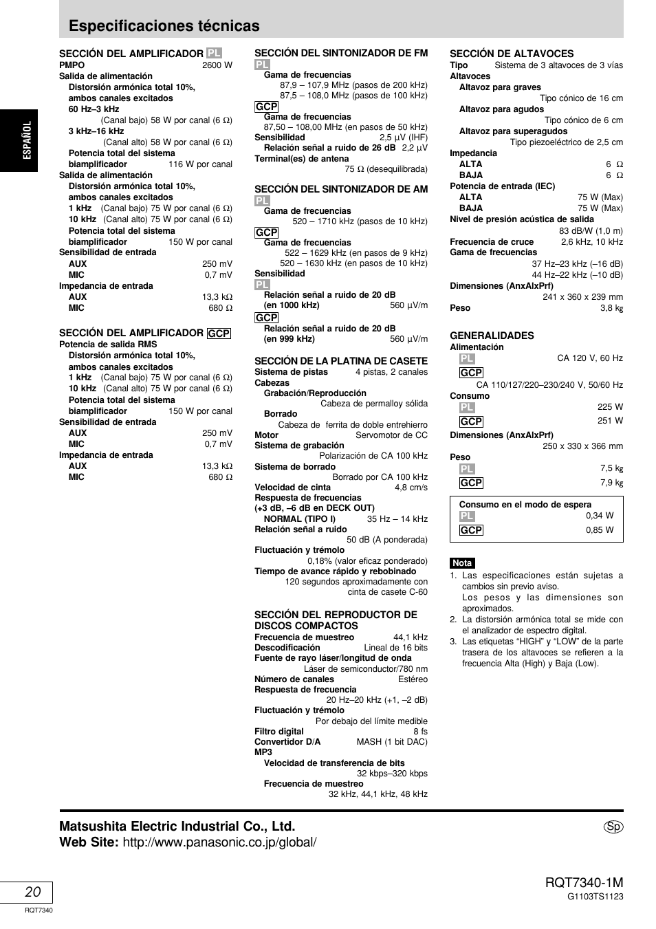 Especificaciones técnicas | Panasonic SCAK321 User Manual | Page 40 / 40