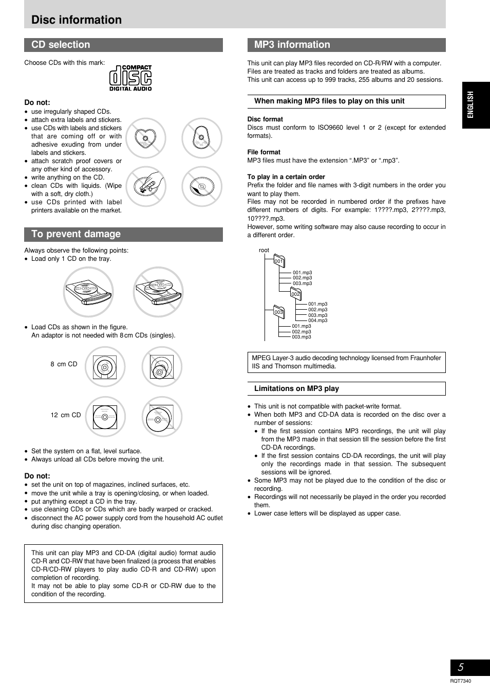 Disc information, Cd selection to prevent damage, Mp3 information | Panasonic SCAK321 User Manual | Page 5 / 40