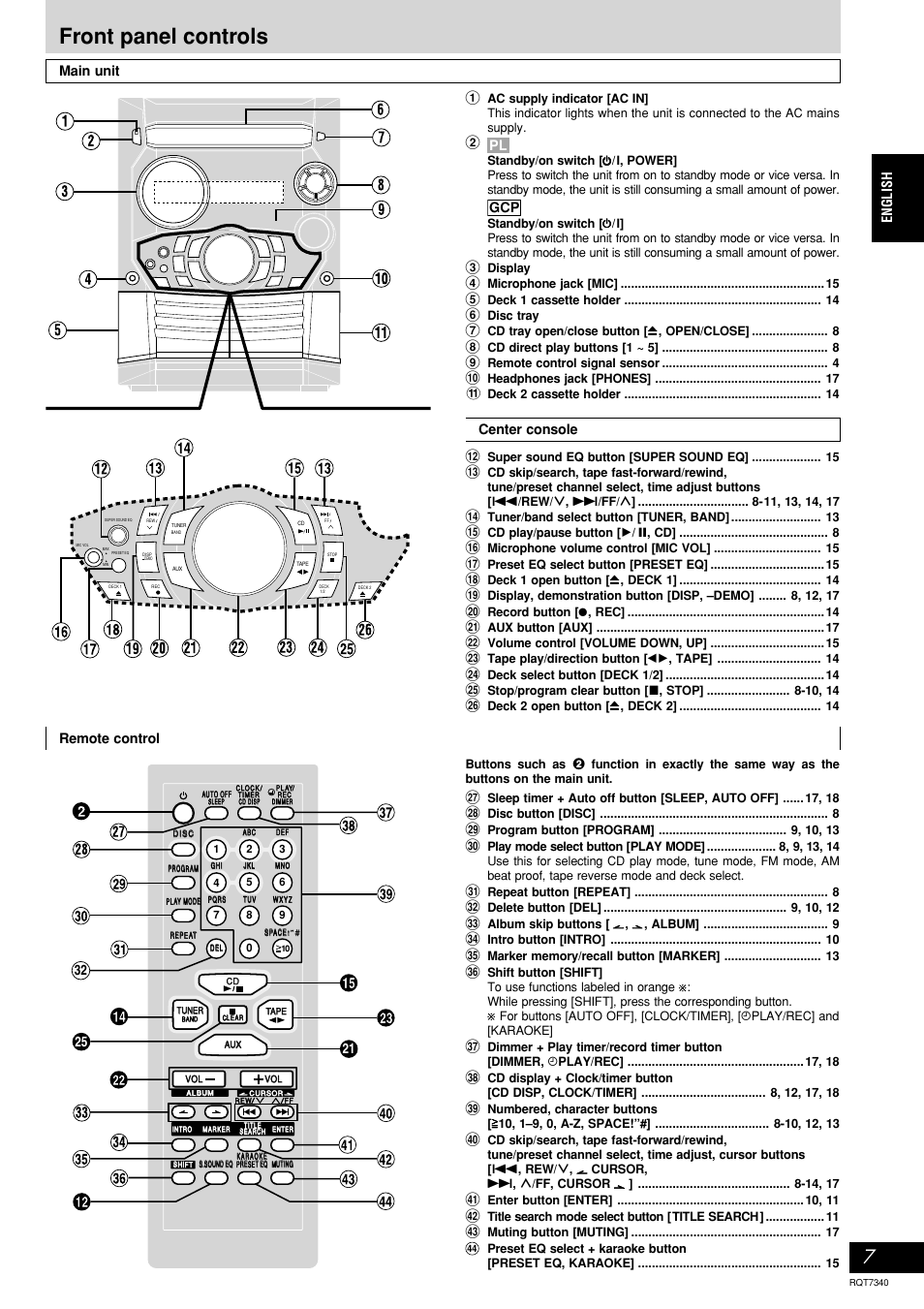 Front panel controls, English 1, Main unit center console remote control | Panasonic SCAK321 User Manual | Page 7 / 40