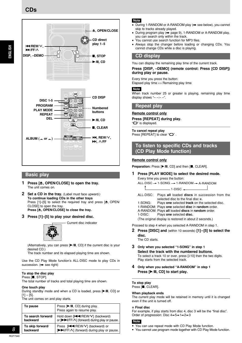 Cd display, Repeat play, Basic play | Panasonic SCAK321 User Manual | Page 8 / 40