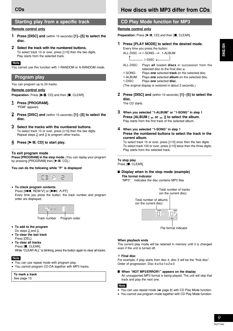How discs with mp3 differ from cds, Program play, Cd play mode function for mp3 | Starting play from a specific track | Panasonic SCAK321 User Manual | Page 9 / 40