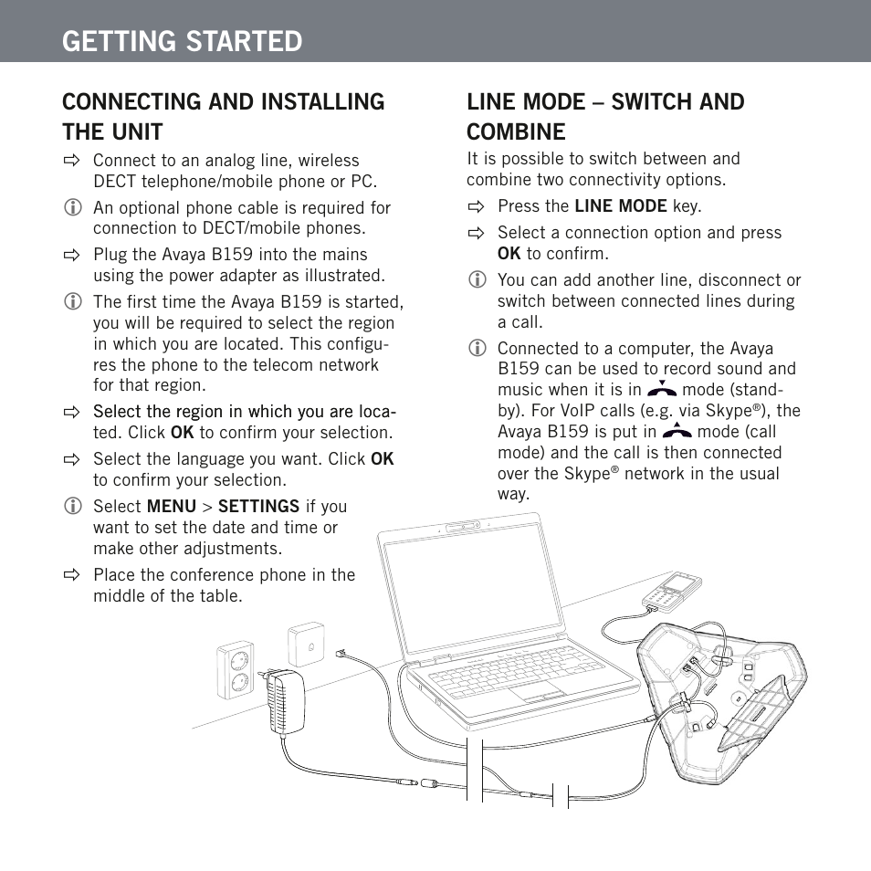 Beskrivelse • tilkobling • linjevelgeren, Getting started, Connecting and installing the unit | Line mode – switch and combine | Avaya B159 User Manual | Page 3 / 4