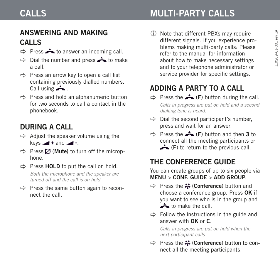 Calls, Multi-party calls, Answering and making calls | During a call, Adding a party to a call, The conference guide | Avaya B159 User Manual | Page 4 / 4