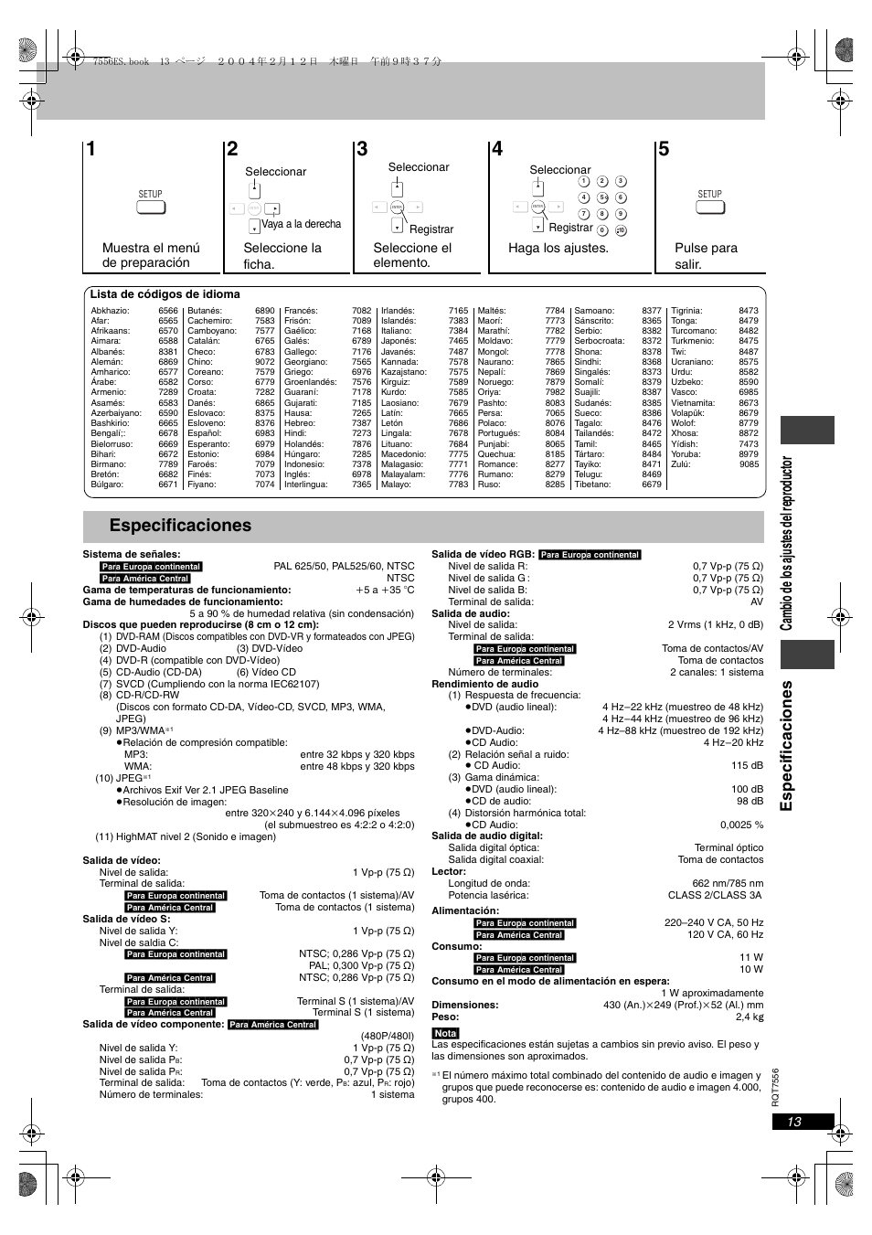 Especificaciones | Panasonic DVDS47 User Manual | Page 13 / 16