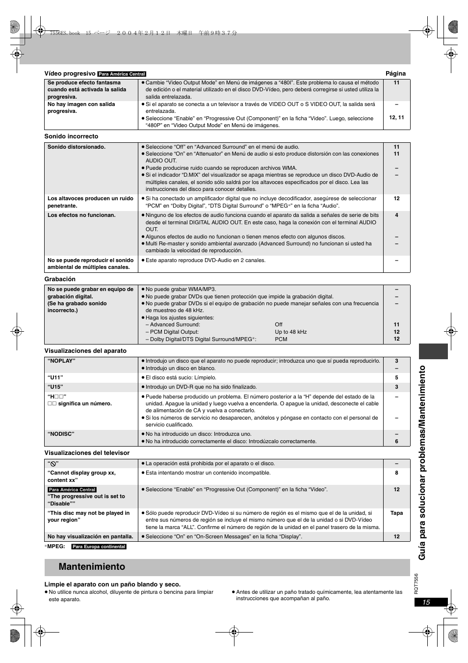 Mantenimiento | Panasonic DVDS47 User Manual | Page 15 / 16