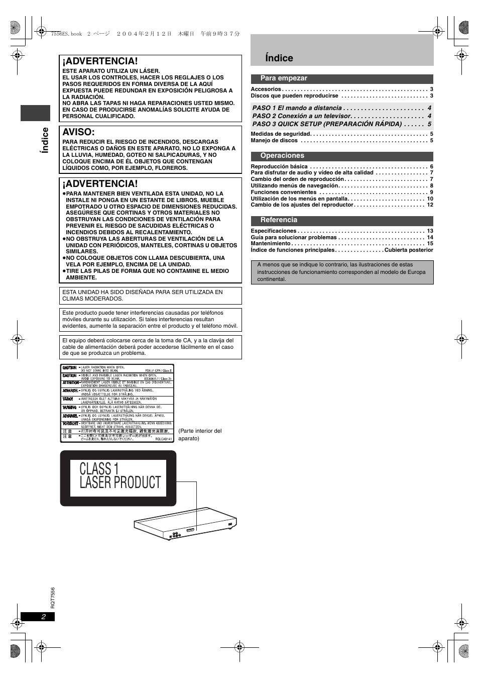 Class 1 laser product, Índice, Advertencia | Aviso | Panasonic DVDS47 User Manual | Page 2 / 16
