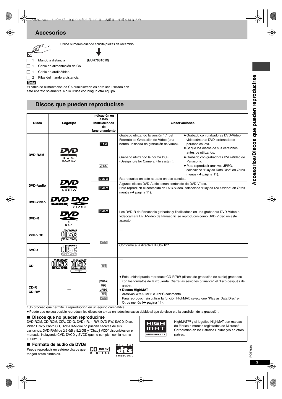 Accesorios, Discos que pueden reproducirse, Accesor ios/ disc os que pueden rep roduci rs e | Panasonic DVDS47 User Manual | Page 3 / 16