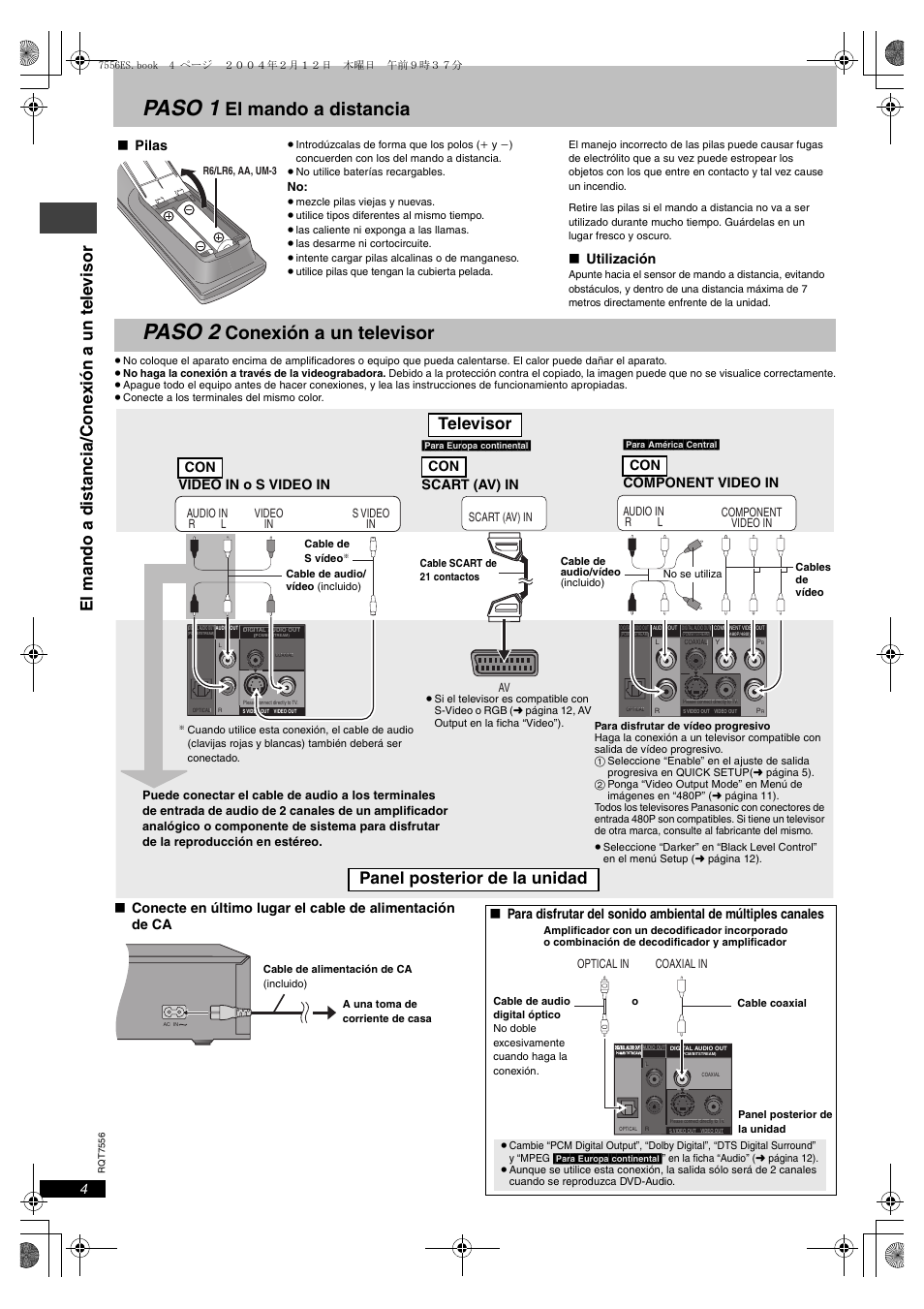 Paso 1, Paso 2, El mando a distancia | Conexión a un televisor, Panel posterior de la unidad televisor | Panasonic DVDS47 User Manual | Page 4 / 16