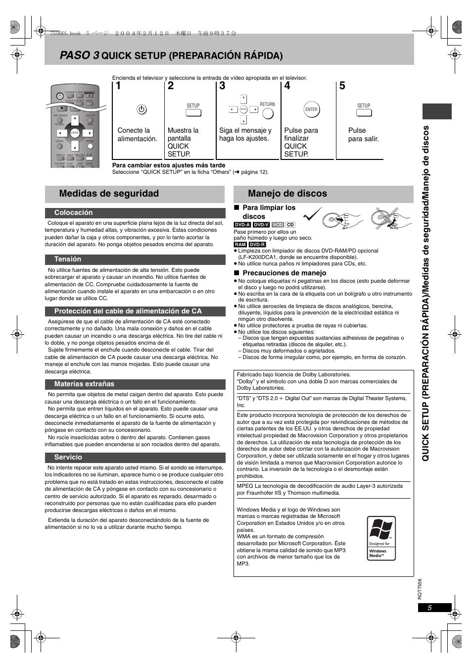 Paso 3, Quick setup (preparación rápida), Medidas de seguridad | Manejo de discos | Panasonic DVDS47 User Manual | Page 5 / 16