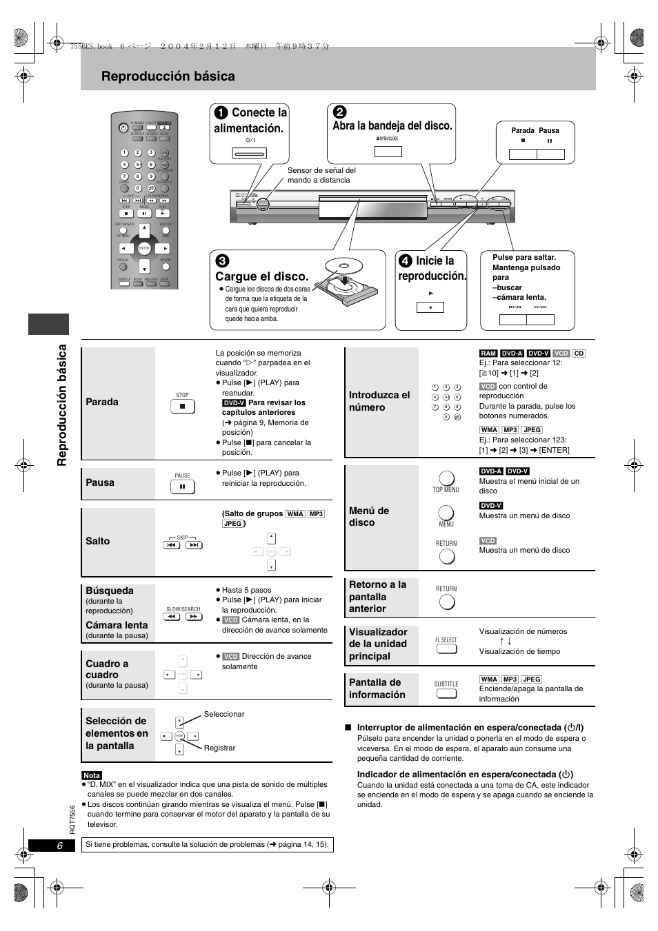 Reproducción básica, Conecte la alimentación, Abra la bandeja del disco | Cargue el disco, Inicie la reproducción, Repr oducció n bási ca, Parada, Pausa, Salto, Búsqueda | Panasonic DVDS47 User Manual | Page 6 / 16
