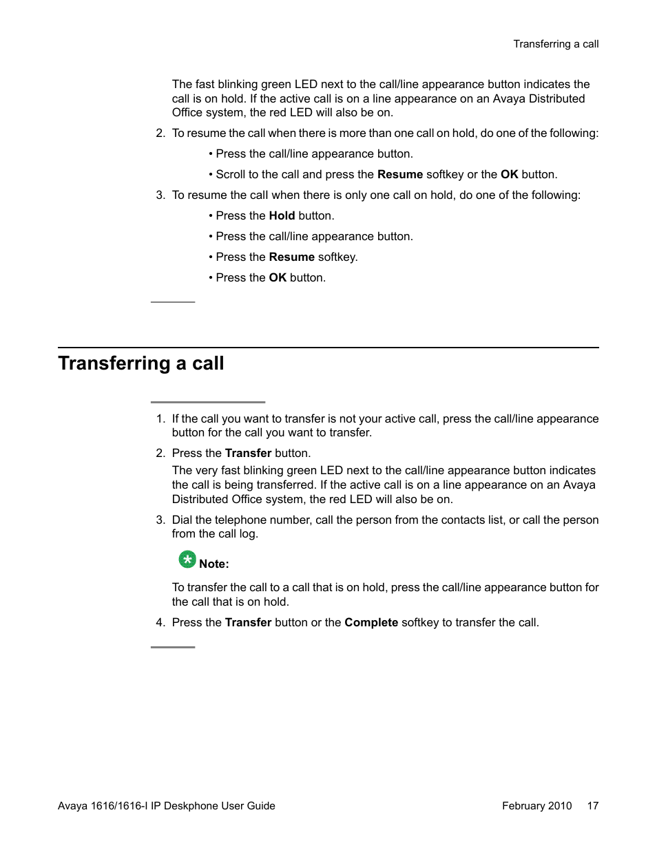 Transferring a call | Avaya 1616-I User Manual | Page 17 / 50