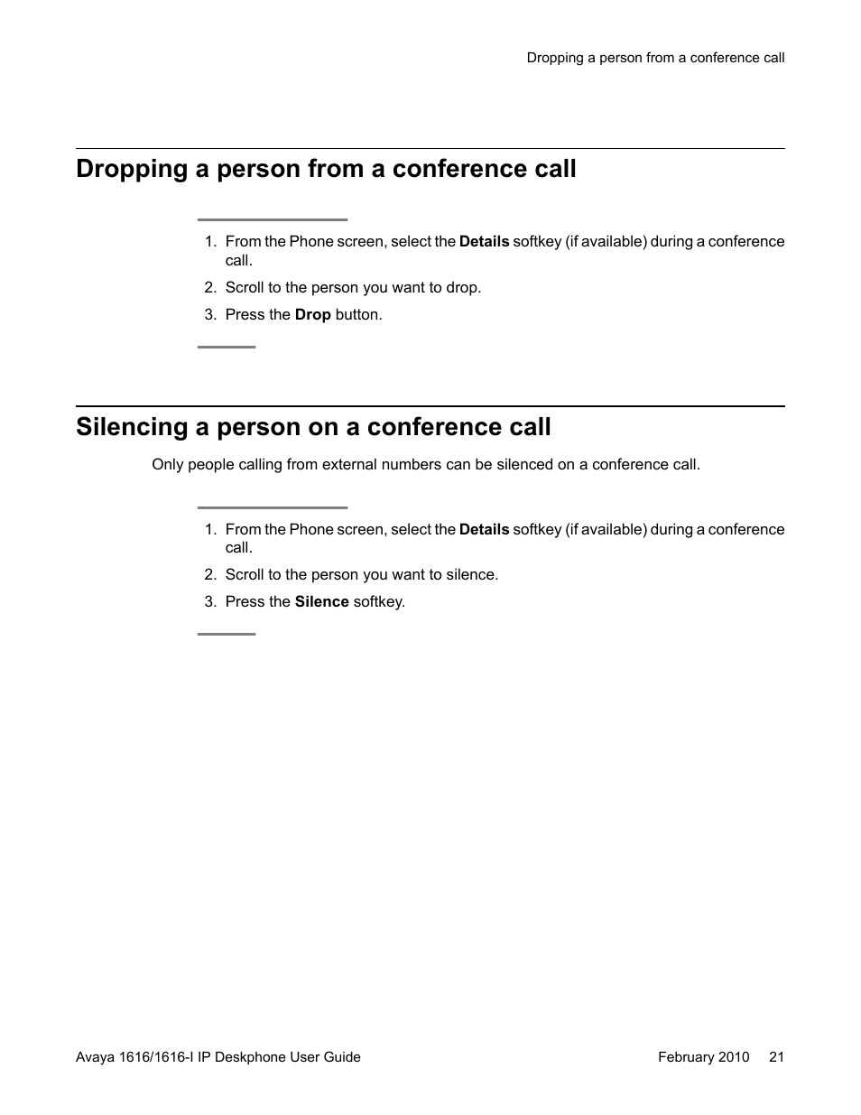 Dropping a person from a conference call, Silencing a person on a conference call | Avaya 1616-I User Manual | Page 21 / 50