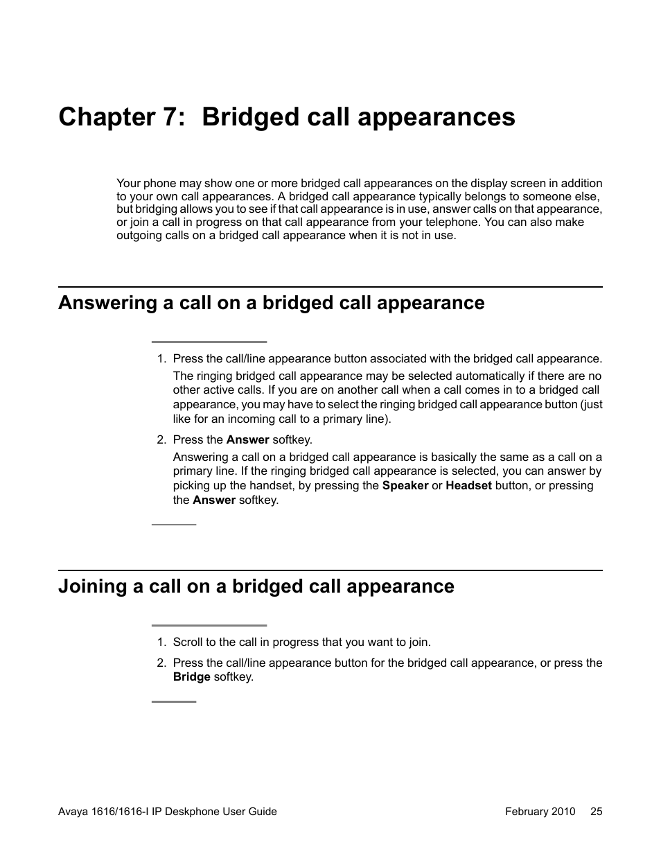 Chapter 7: bridged call appearances, Answering a call on a bridged call appearance, Joining a call on a bridged call appearance | Avaya 1616-I User Manual | Page 25 / 50